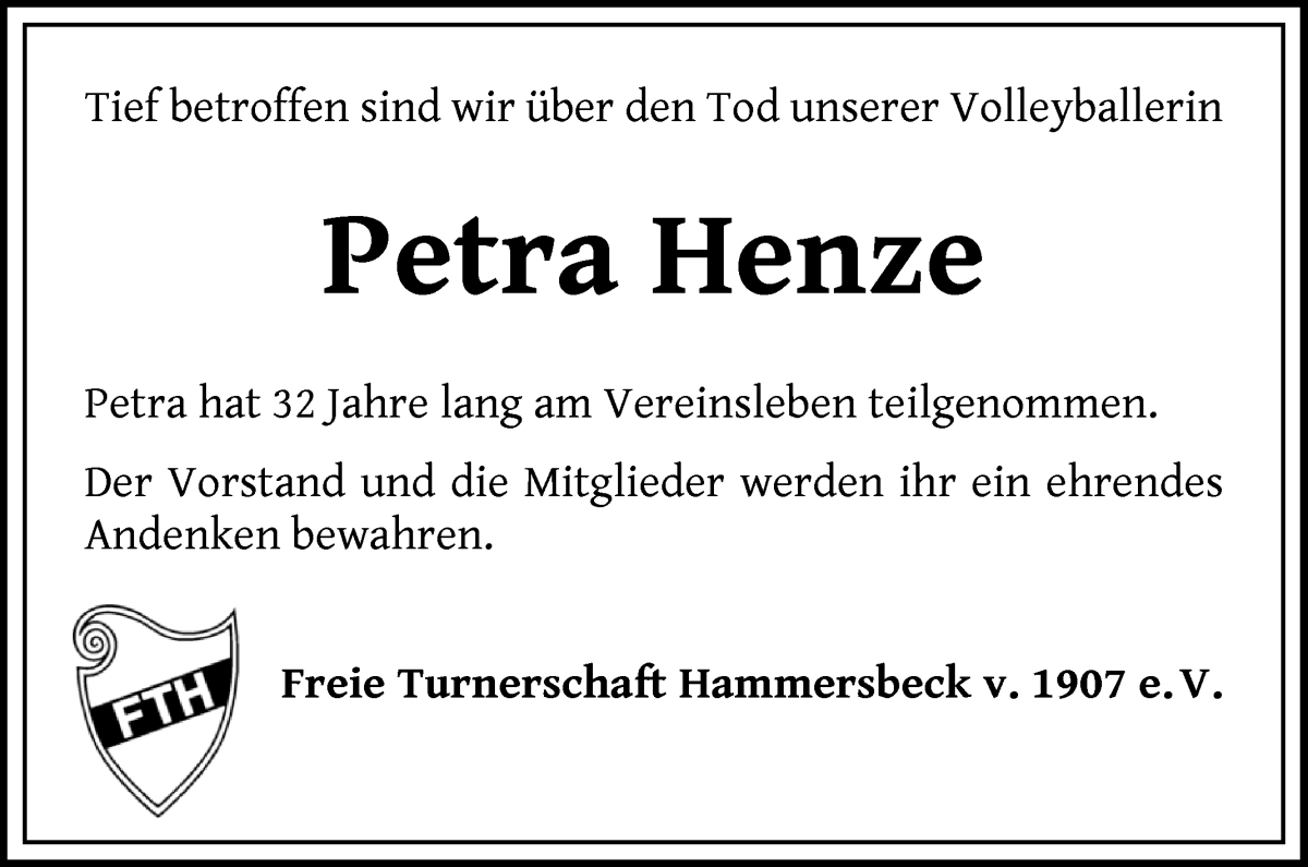 Traueranzeige von Petra Henze von Die Norddeutsche