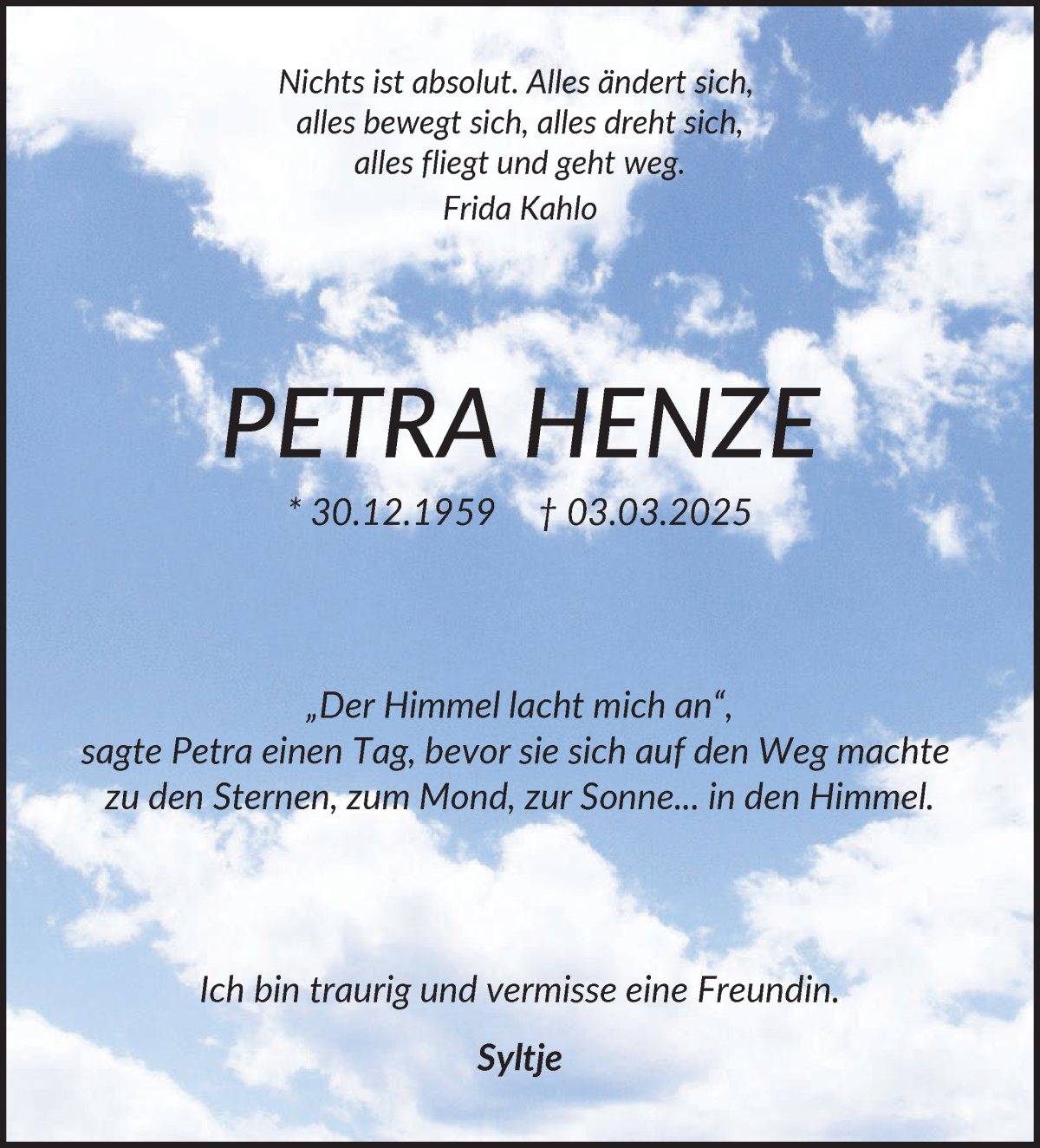 Traueranzeige von Petra Henze von Die Norddeutsche
