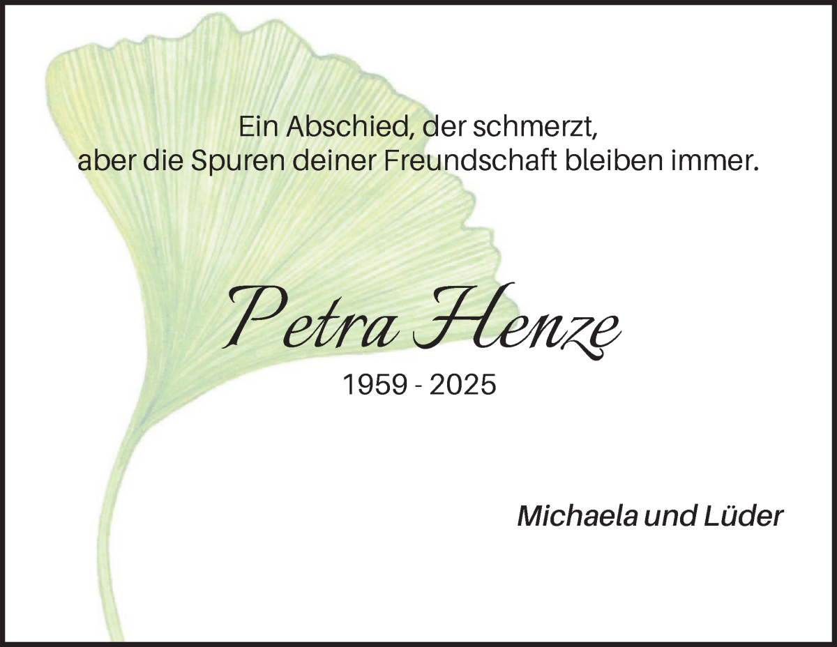 Traueranzeige von Petra Henze von Die Norddeutsche