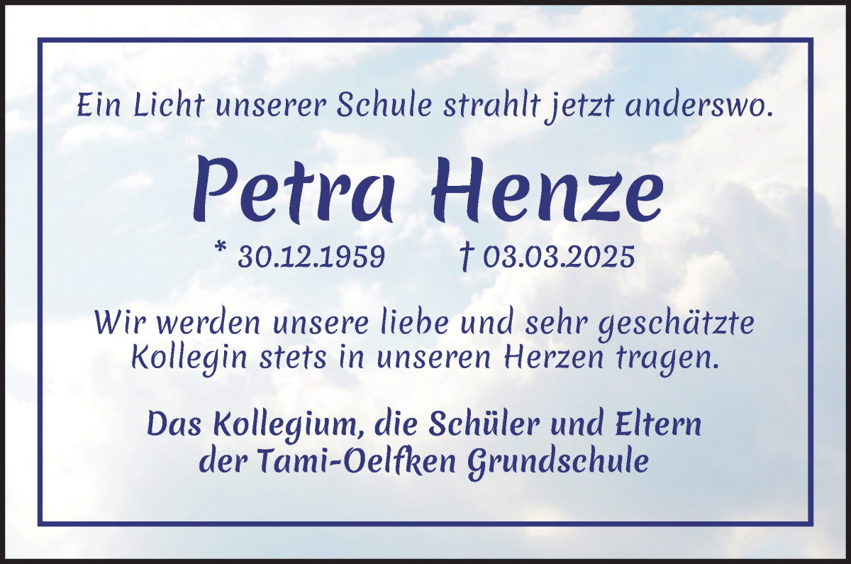 Traueranzeige von Petra Henze von Die Norddeutsche