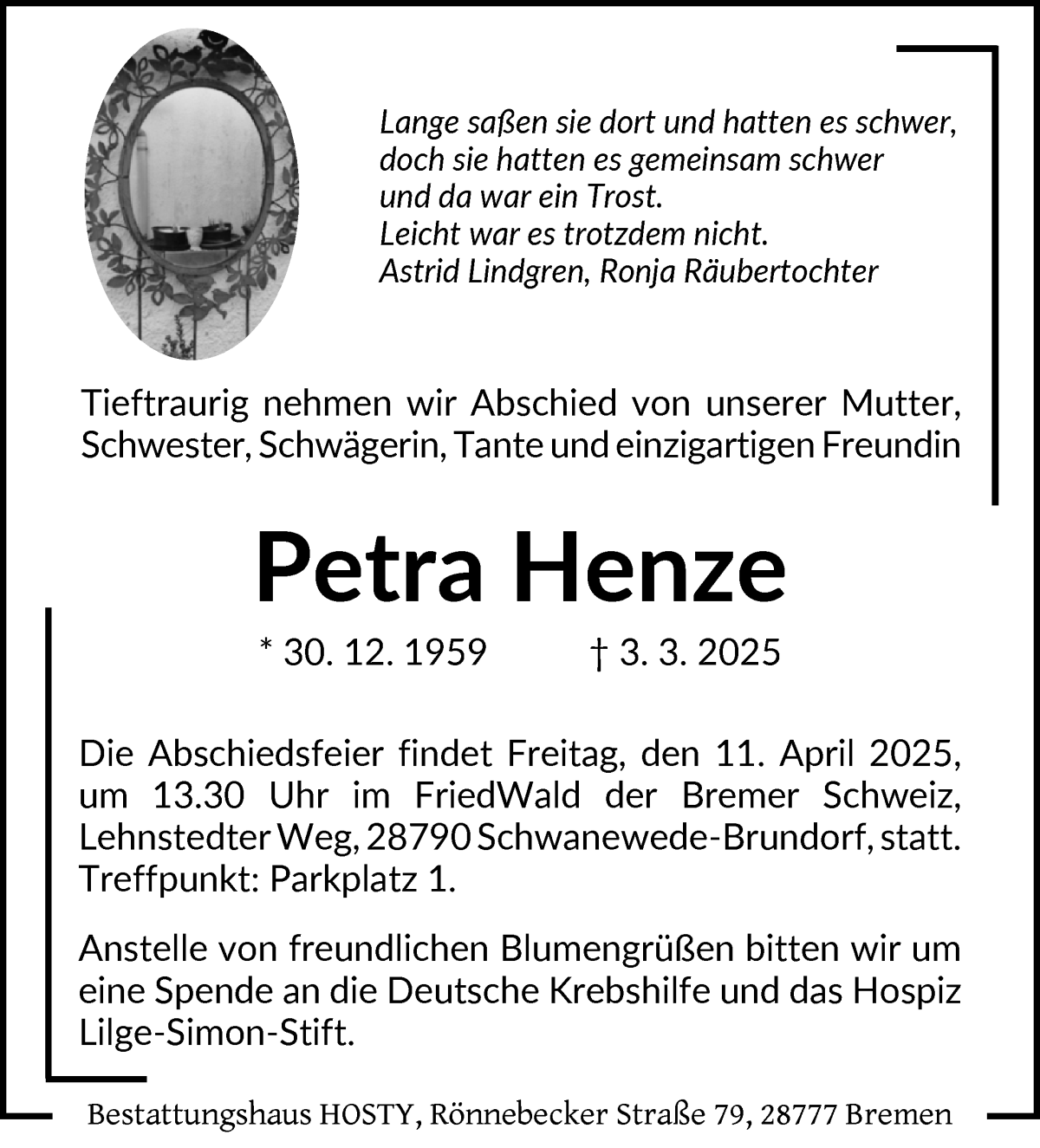 Traueranzeige von Petra Henze von Die Norddeutsche