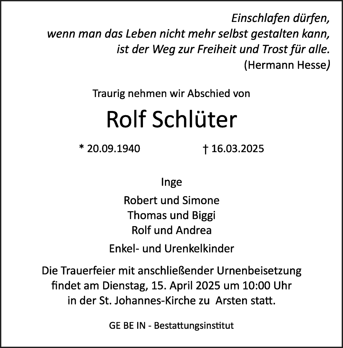 Traueranzeige von Rolf Schlüter von WESER-KURIER