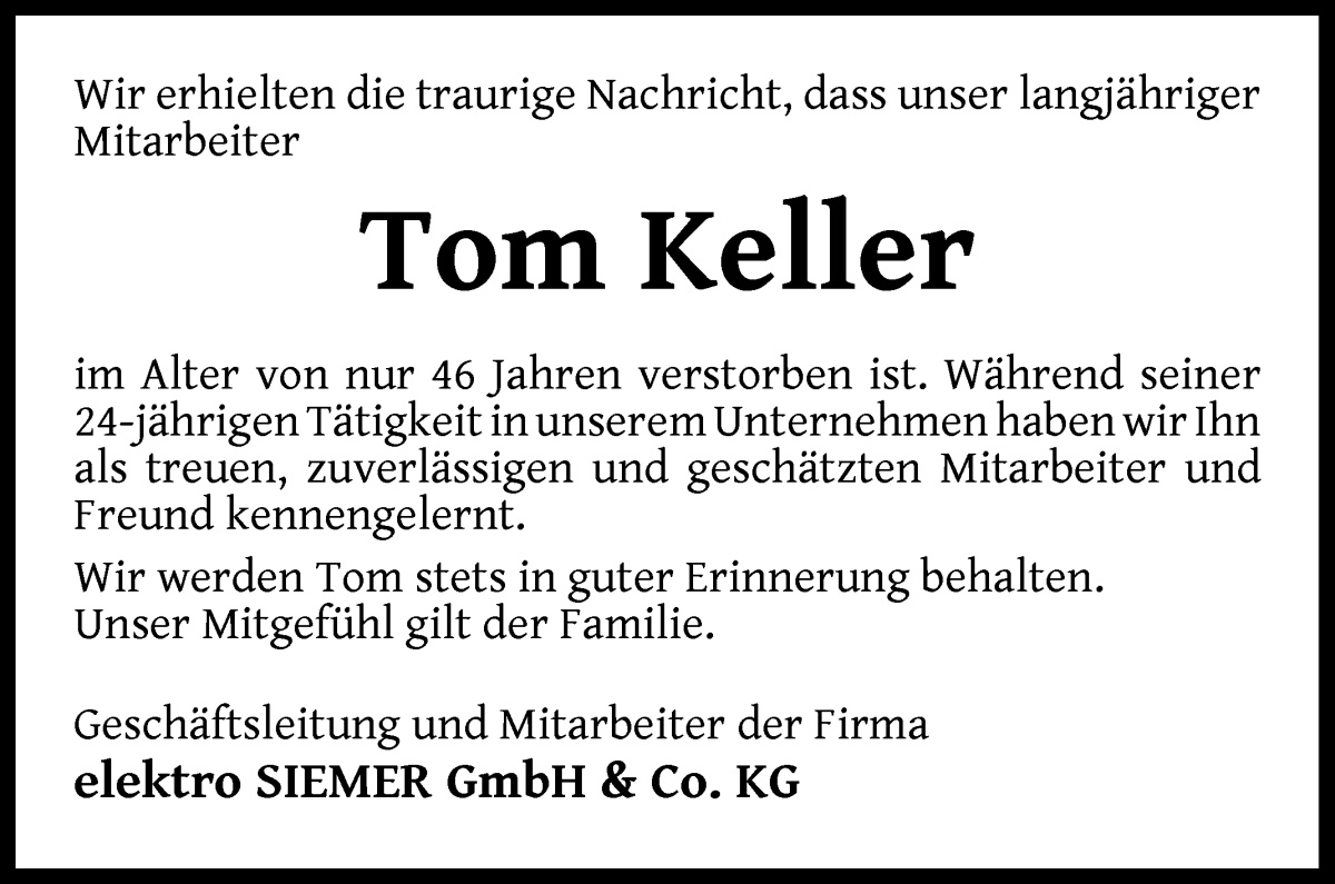 Traueranzeige von Tom Keller von WESER-KURIER