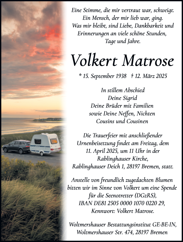 Traueranzeige von Volkert Matrose von WESER-KURIER
