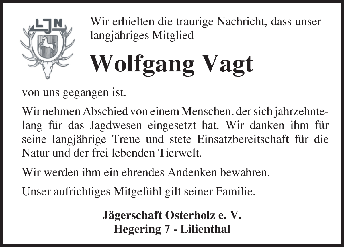 Traueranzeige von Wolfgang Vagt von Wuemme Zeitung