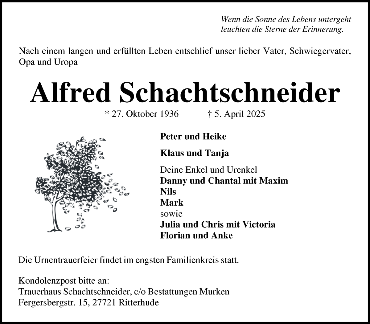 Traueranzeige von Alfred Schachtschneider von Osterholzer Kreisblatt