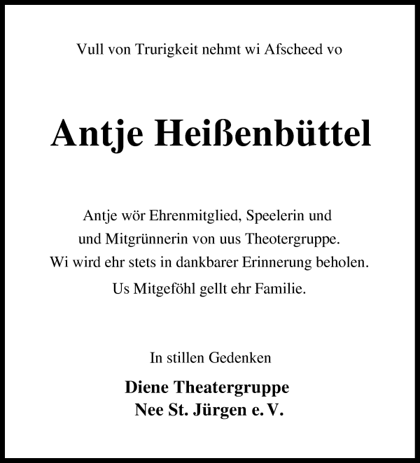 Traueranzeige von Antje Heißenbüttel von Wuemme Zeitung