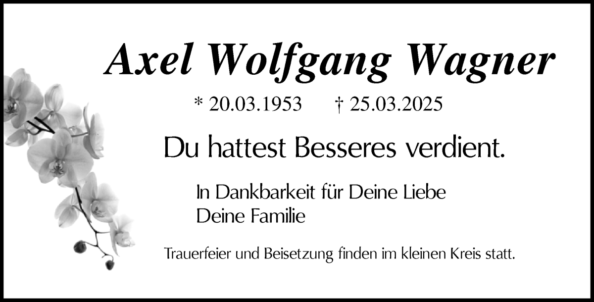 Traueranzeige von Axel Wolfgang Wagner von Die Norddeutsche