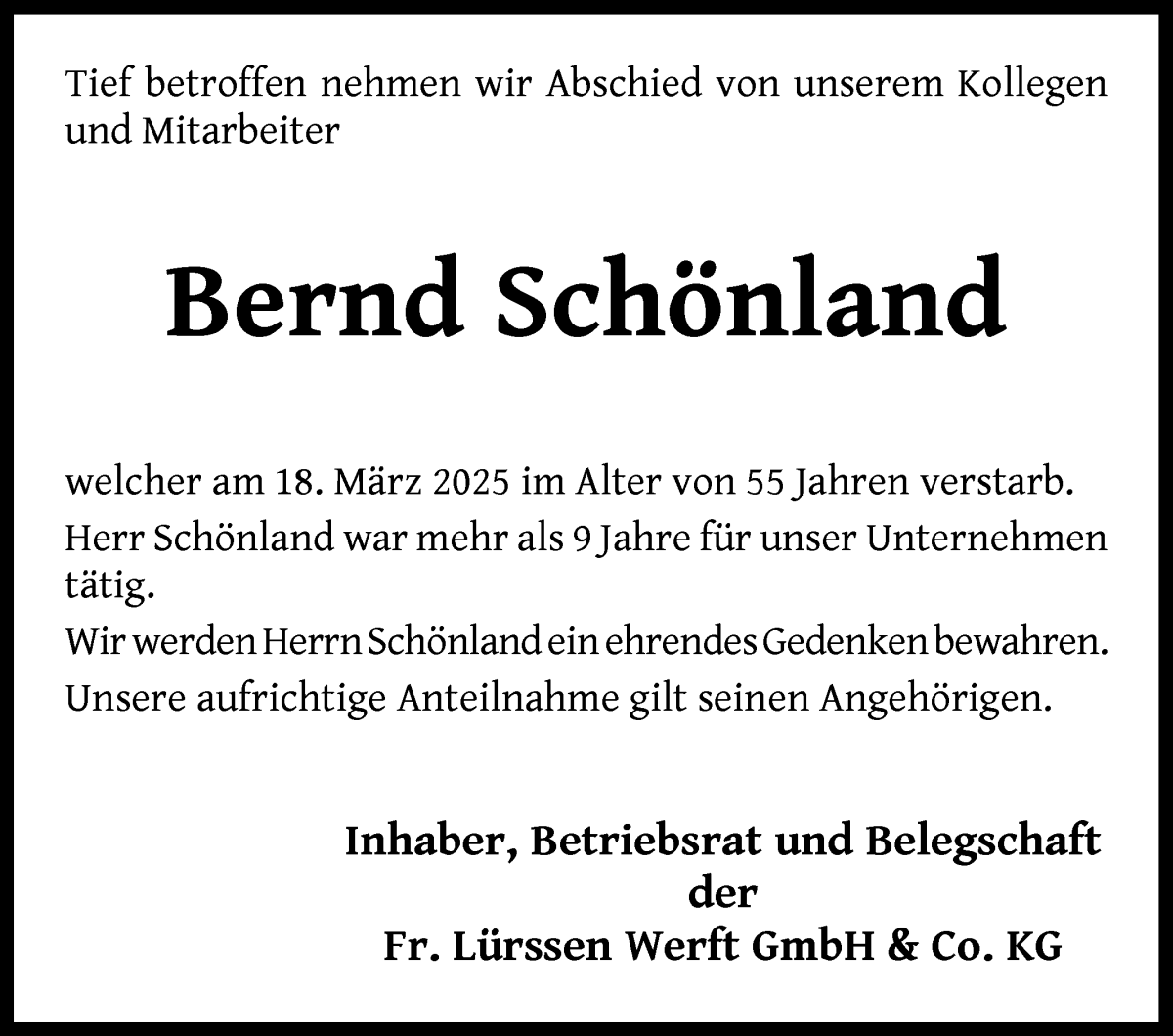Traueranzeige von Bernd Schönland von Die Norddeutsche