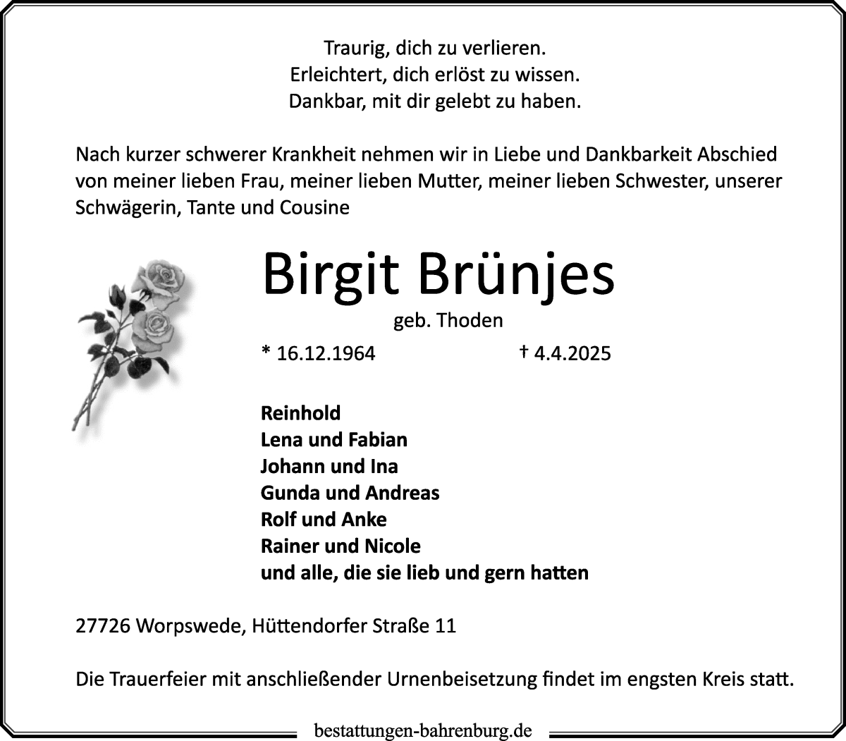 Traueranzeige von Birgit Brünjes von Wuemme Zeitung
