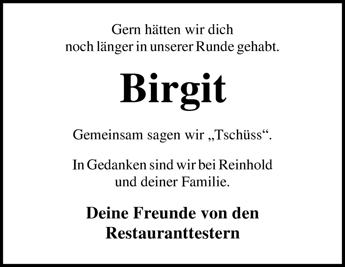 Traueranzeige von Birgit Brünjes von Wuemme Zeitung