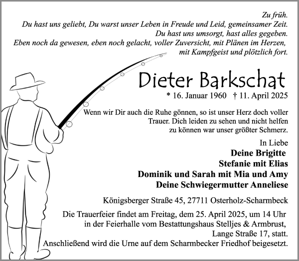 Traueranzeige von Dieter Barkschat von Osterholzer Kreisblatt