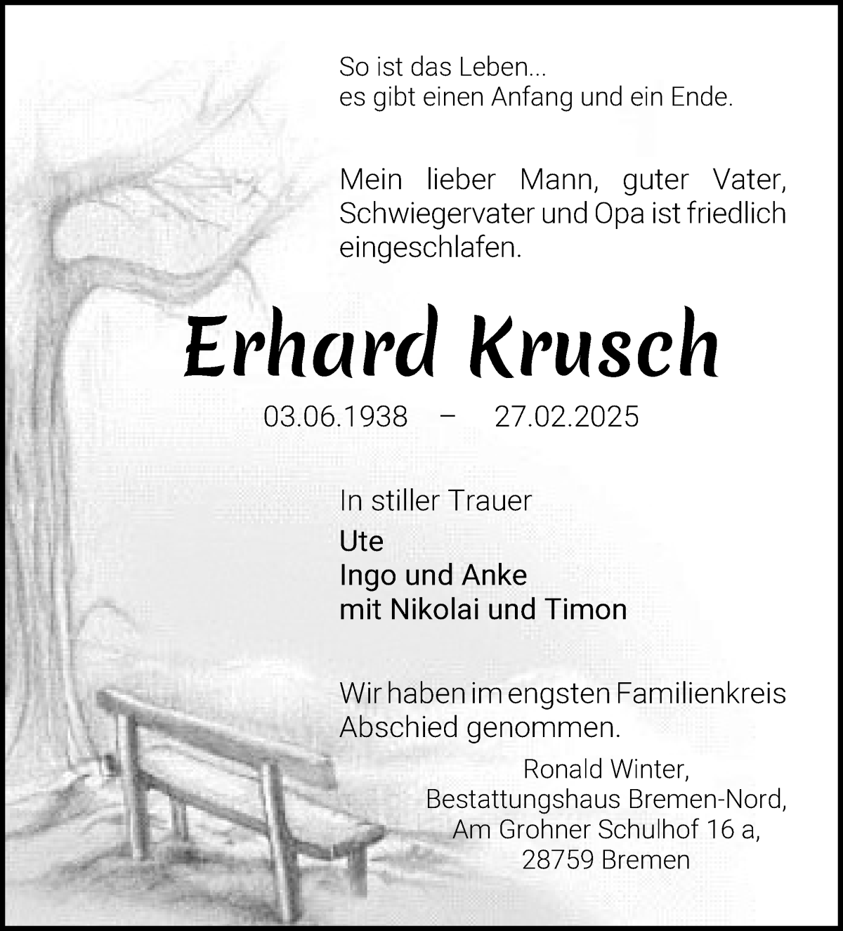 Traueranzeige von Erhard Krusch von Die Norddeutsche