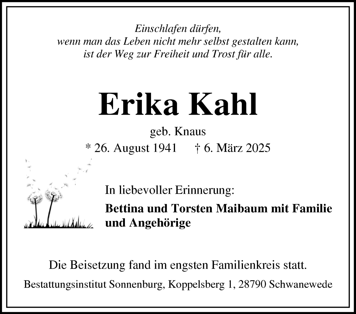 Traueranzeige von Erika Kahl von Die Norddeutsche