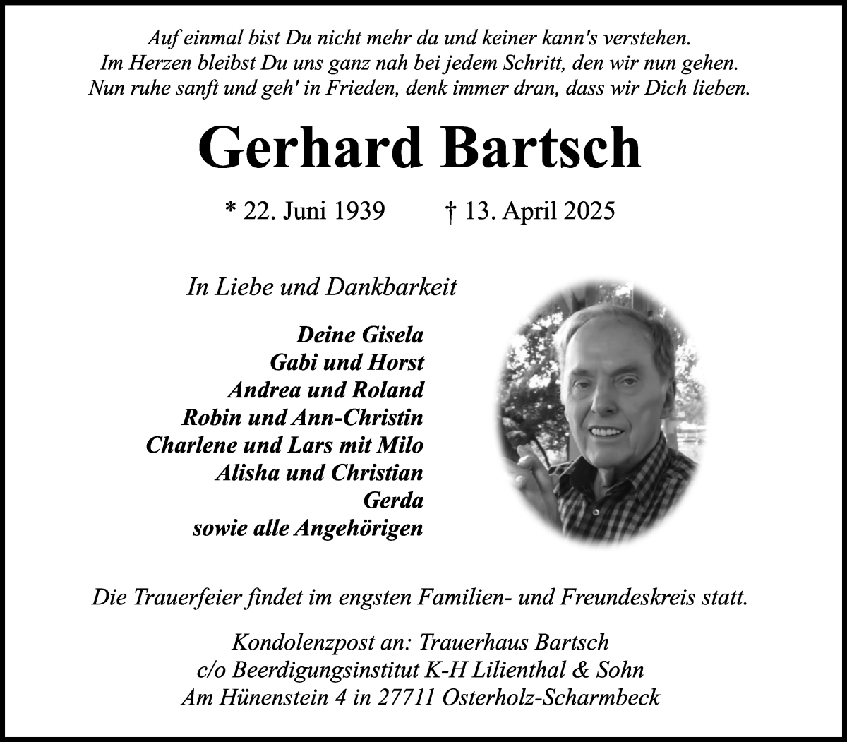 Traueranzeige von Gerhard Bartsch von Osterholzer Kreisblatt
