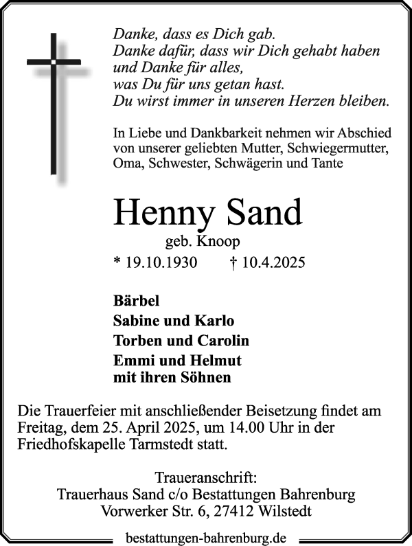 Traueranzeige von Henny Sand von Wuemme Zeitung
