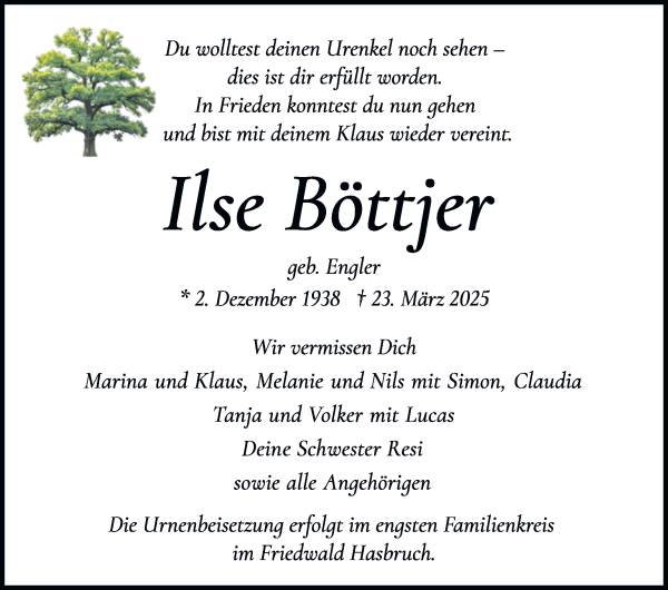 Traueranzeige von Ilse Böttjer von WESER-KURIER