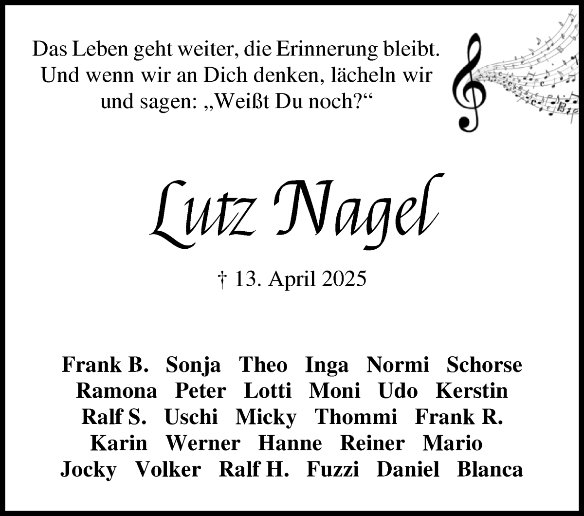 Traueranzeige von Lutz Nagel von Osterholzer Kreisblatt