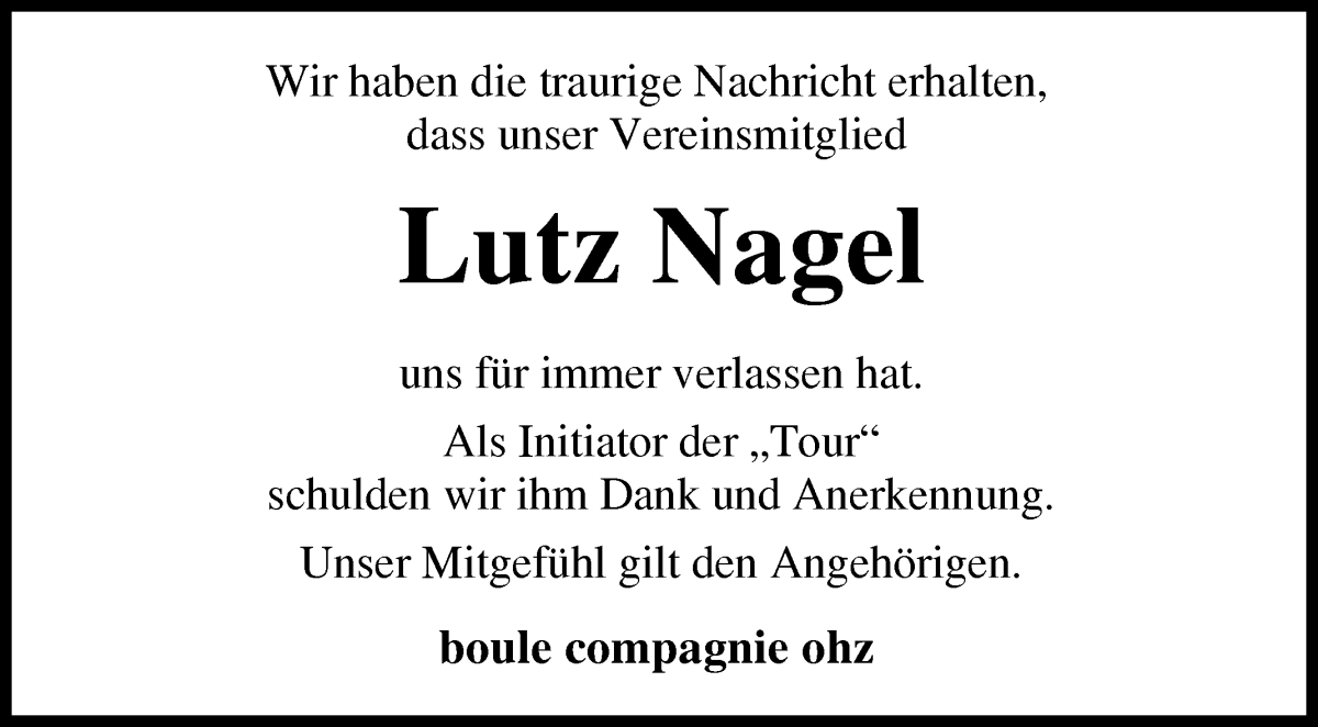 Traueranzeige von Lutz Nagel von Osterholzer Kreisblatt