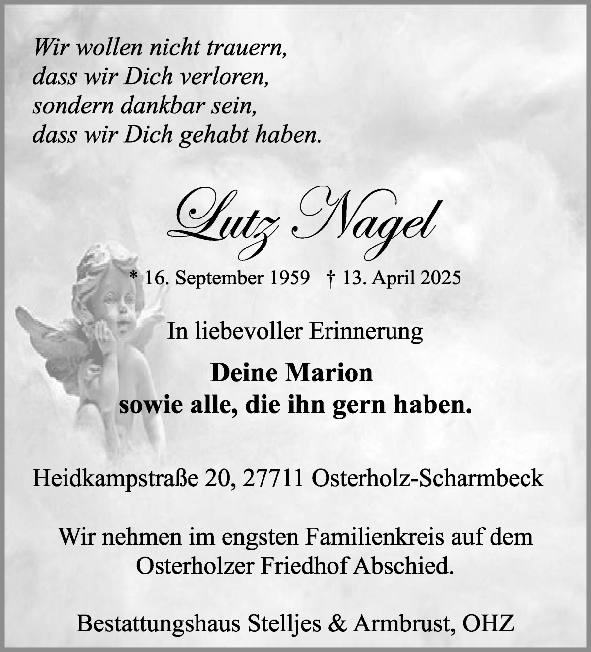 Traueranzeige von Lutz Nagel von Osterholzer Kreisblatt