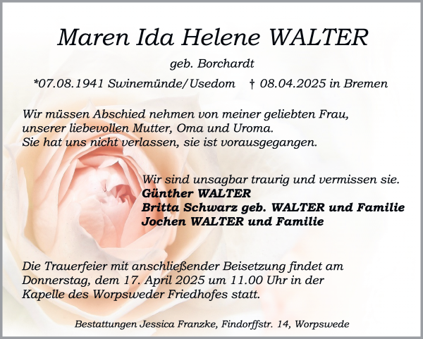 Traueranzeige von Maren Walter von Wuemme Zeitung