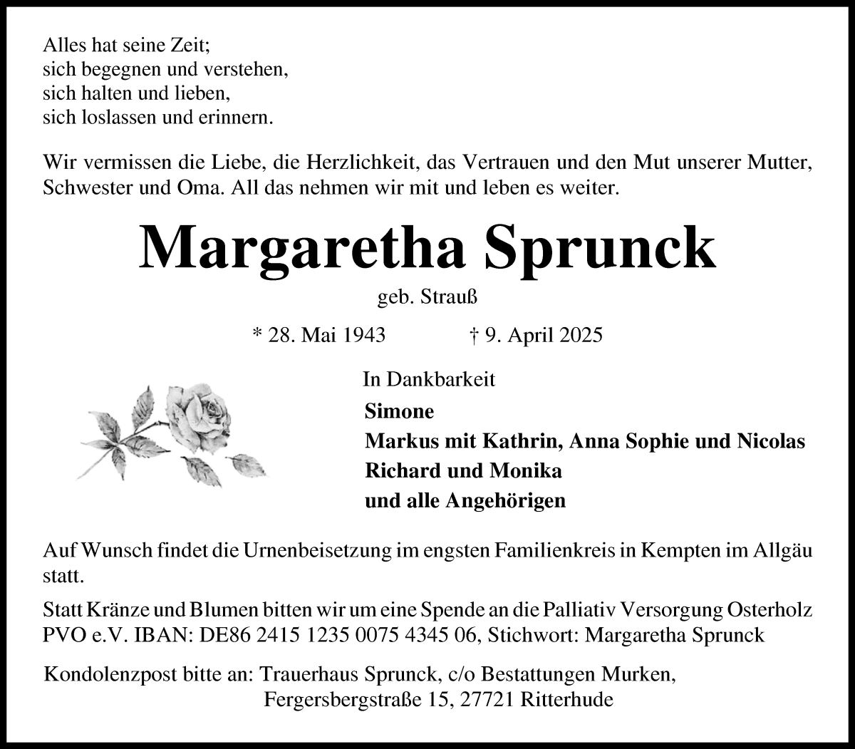 Traueranzeige von Margaretha Sprunck von Osterholzer Kreisblatt