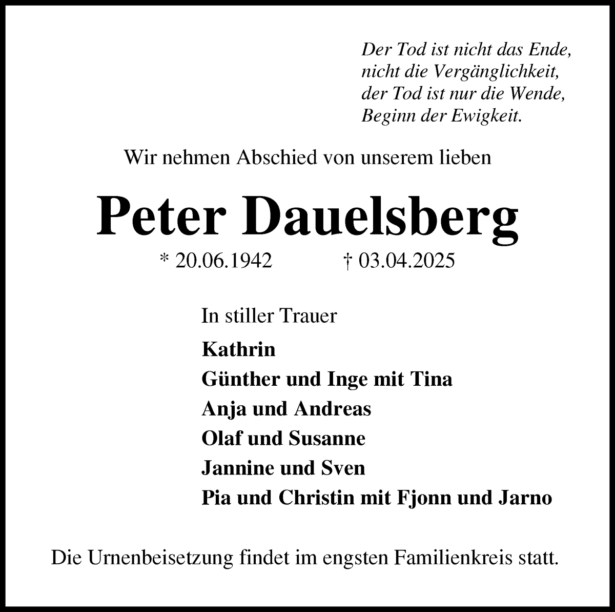 Traueranzeige von Peter Dauelsberg von Osterholzer Kreisblatt