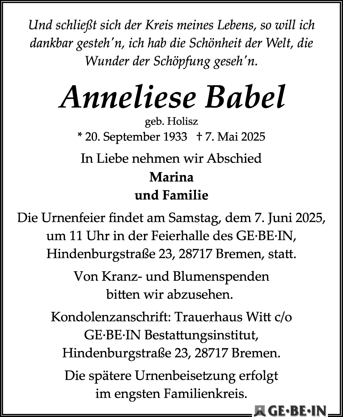 Traueranzeige von Anneliese Babel von WESER-KURIER