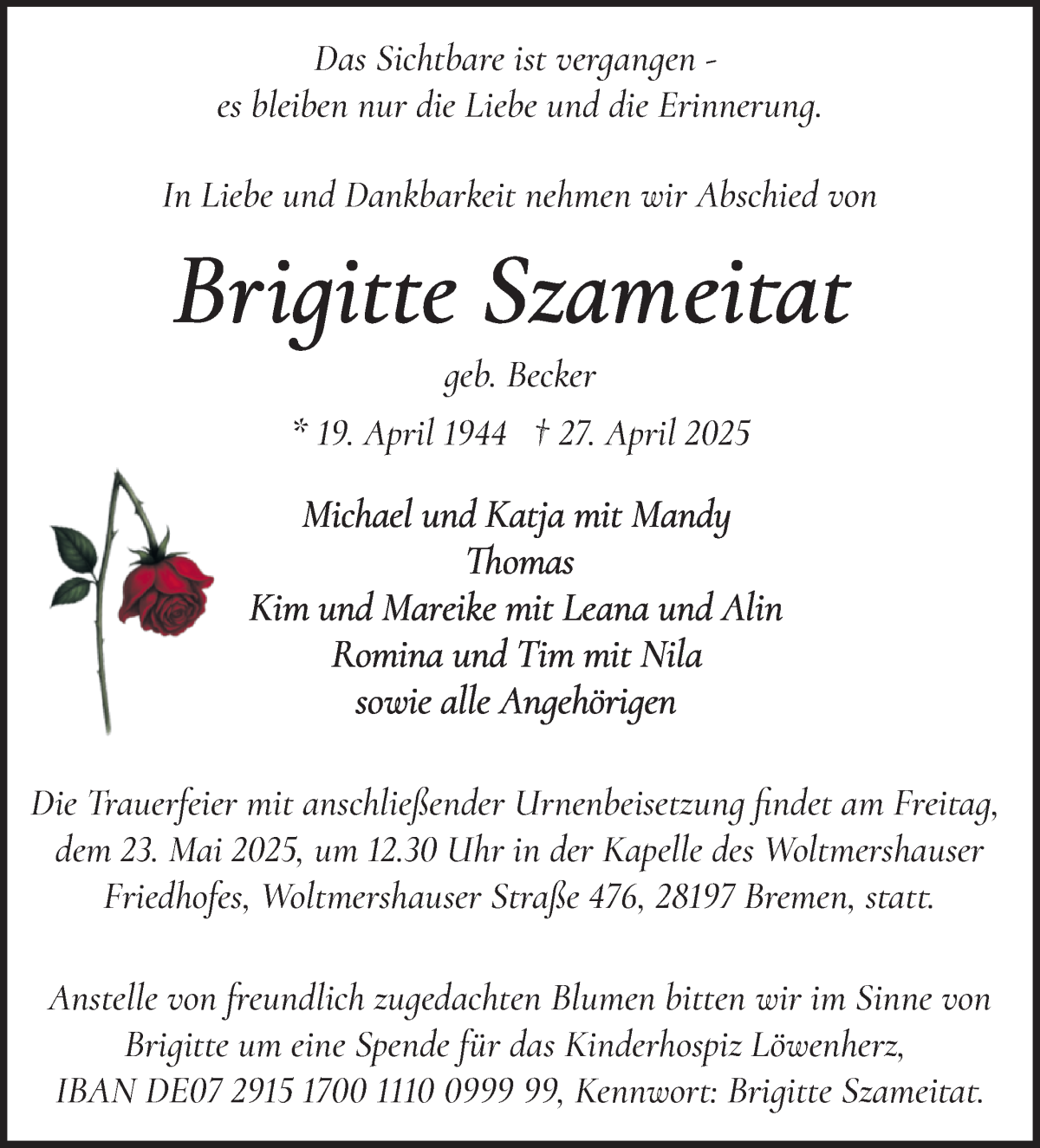 Traueranzeige von Brigitte Szameitat von WESER-KURIER
