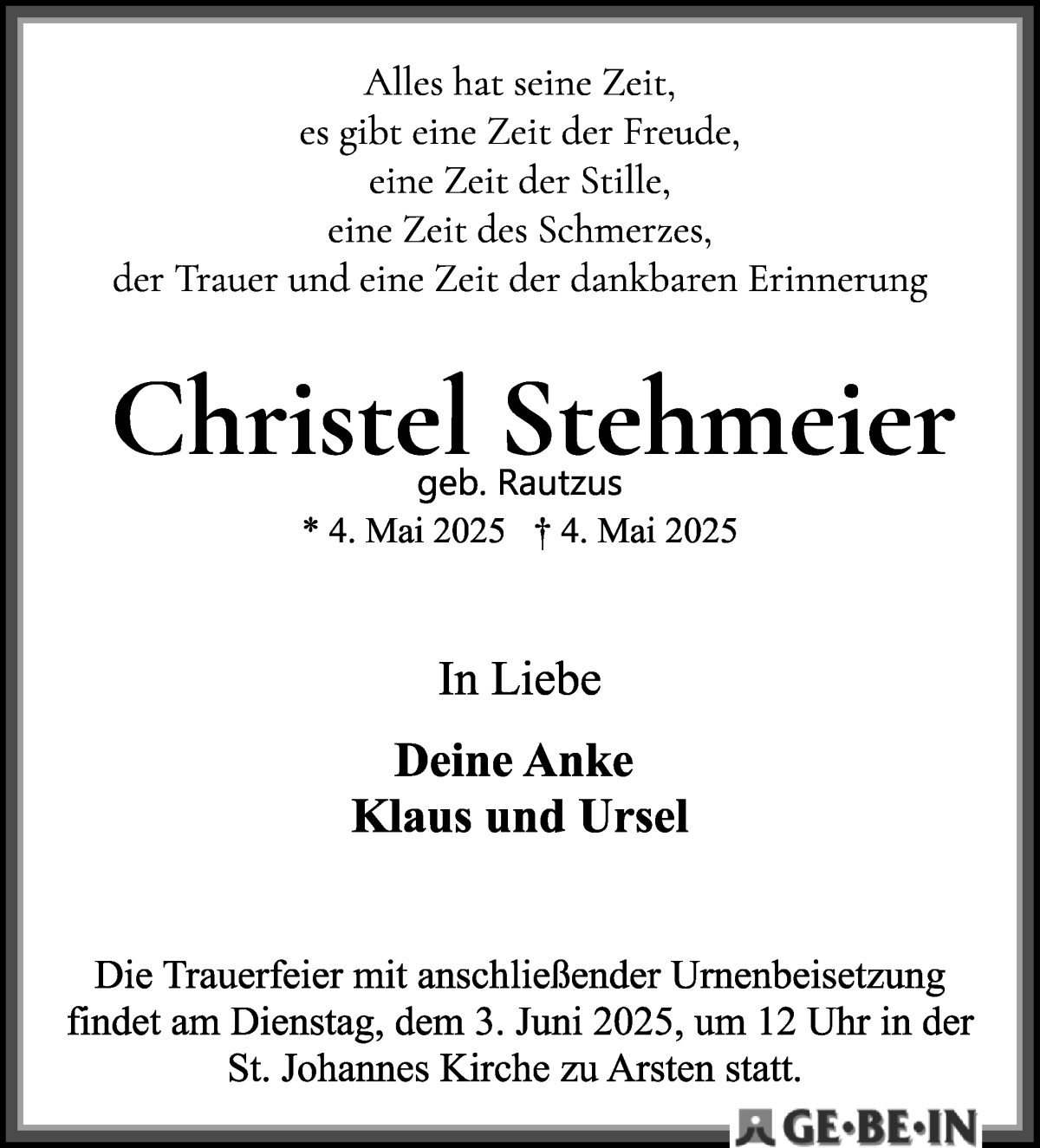 Traueranzeige von Christel Stehmeier von WESER-KURIER