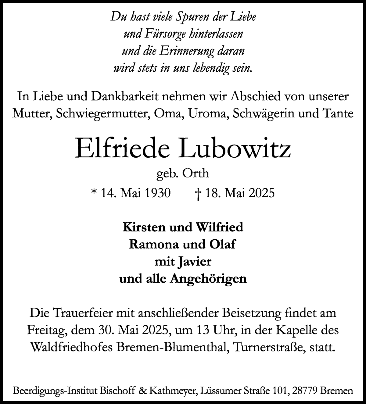  Traueranzeige für Elfriede Lubowitz vom 24.05.2025 aus Die Norddeutsche