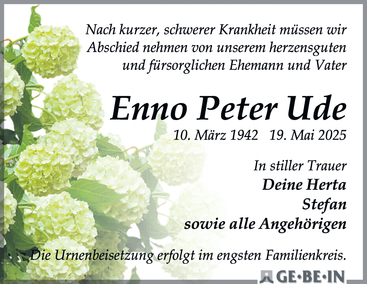 Traueranzeige von Enno Peter Ude von Osterholzer Kreisblatt