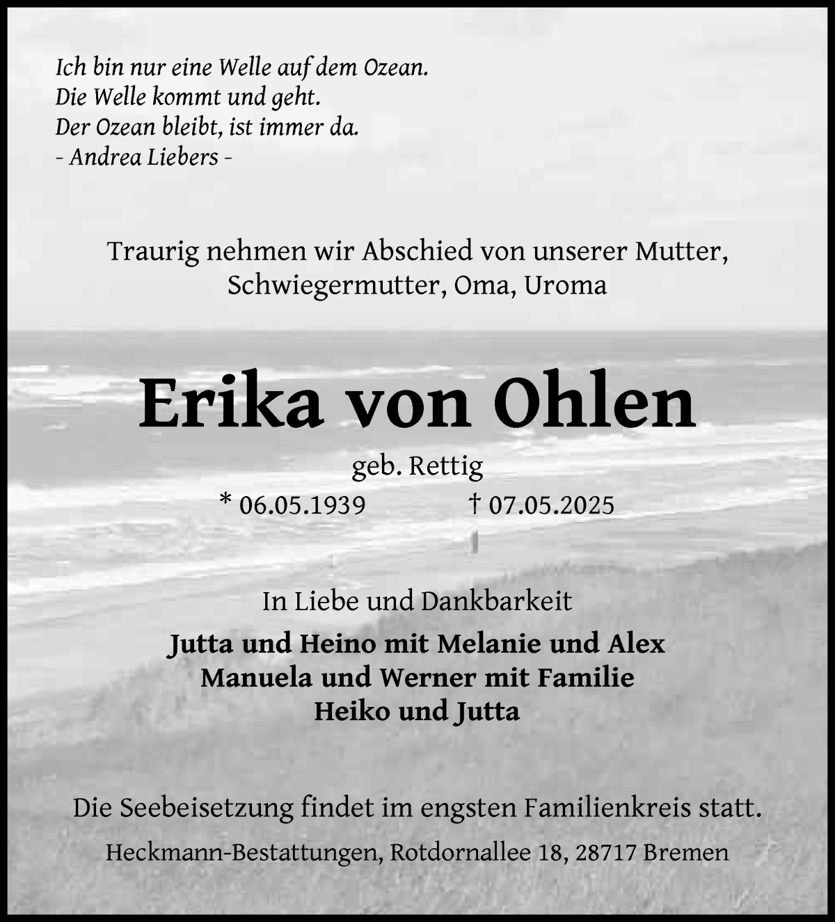 Traueranzeige von Erika von Ohlen von WESER-KURIER