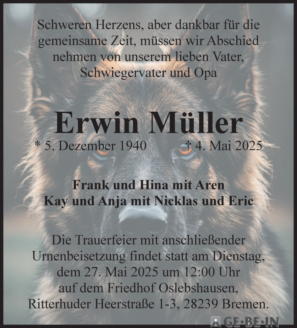 Traueranzeige von Erwin Müller von WESER-KURIER