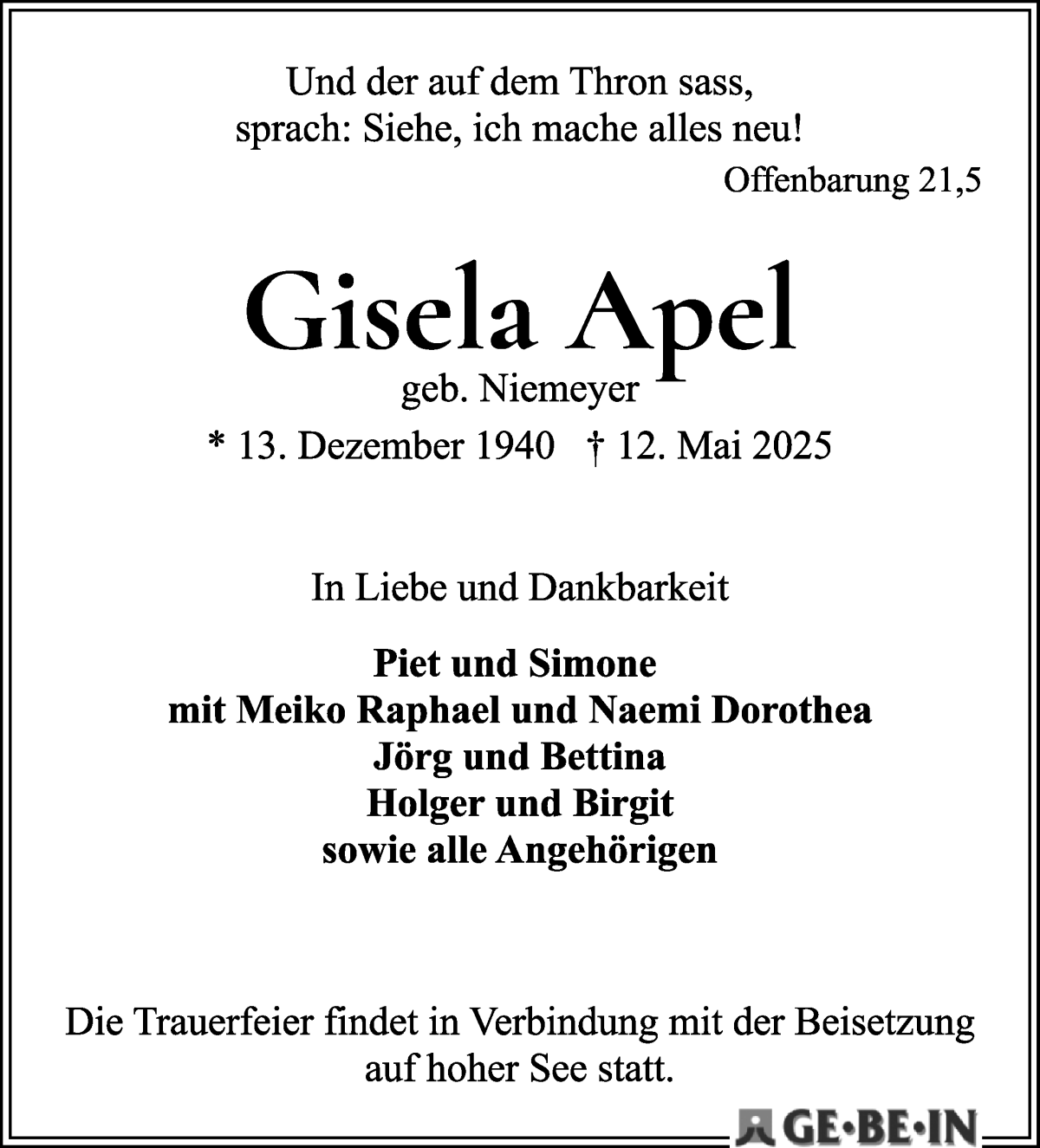 Traueranzeige von Gisela Apel von WESER-KURIER