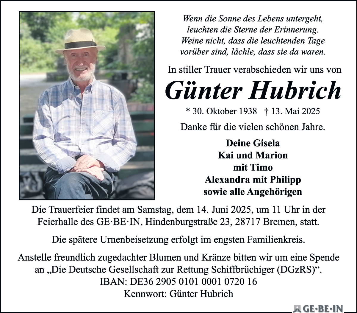 Traueranzeige von Günter Hubrich von WESER-KURIER
