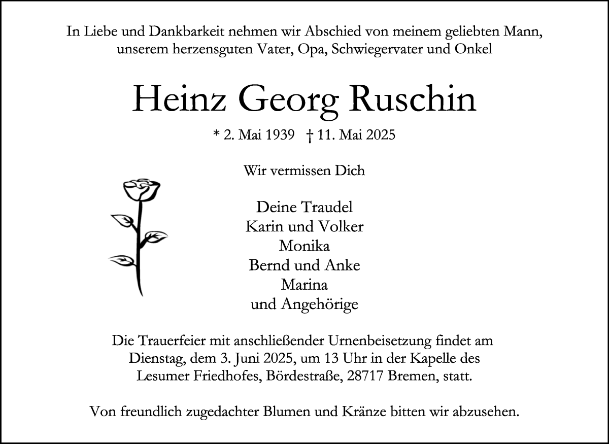 Traueranzeige von Heinz Georg Ruschin von Die Norddeutsche