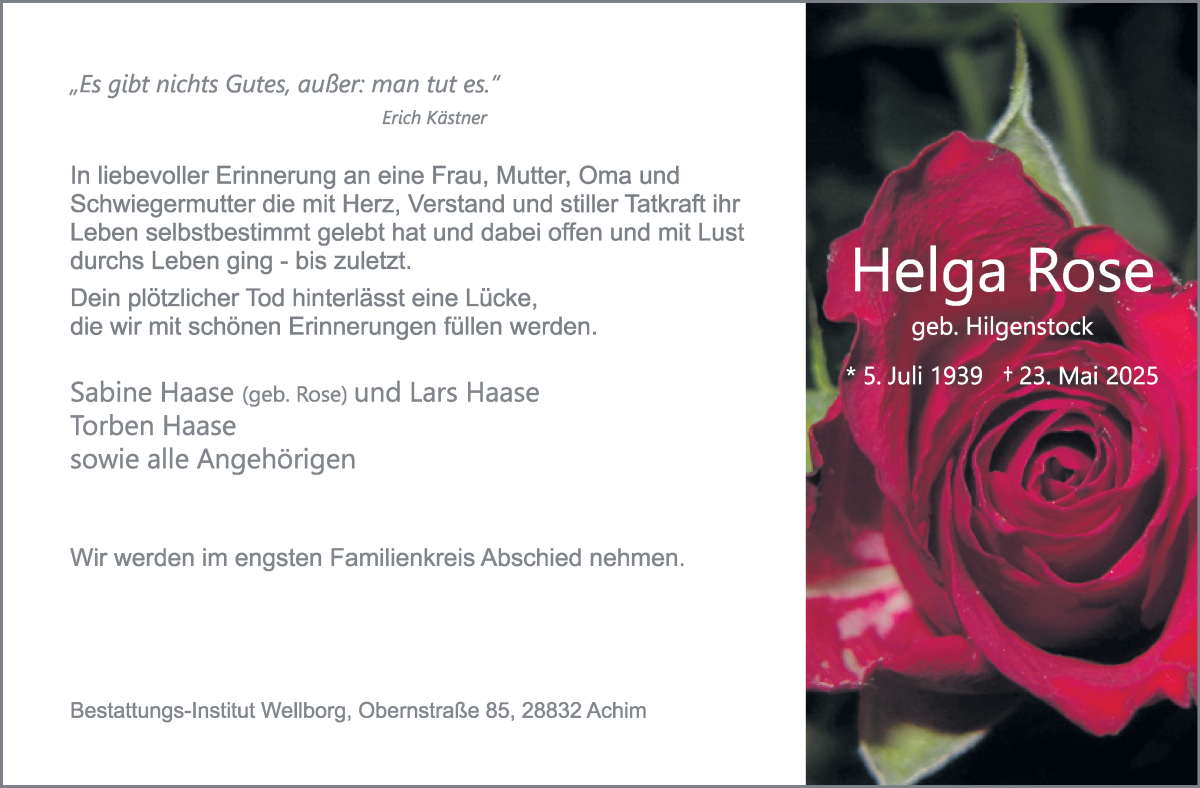 Traueranzeige von Helga Rose von Achimer Kurier/Verdener Nachrichten