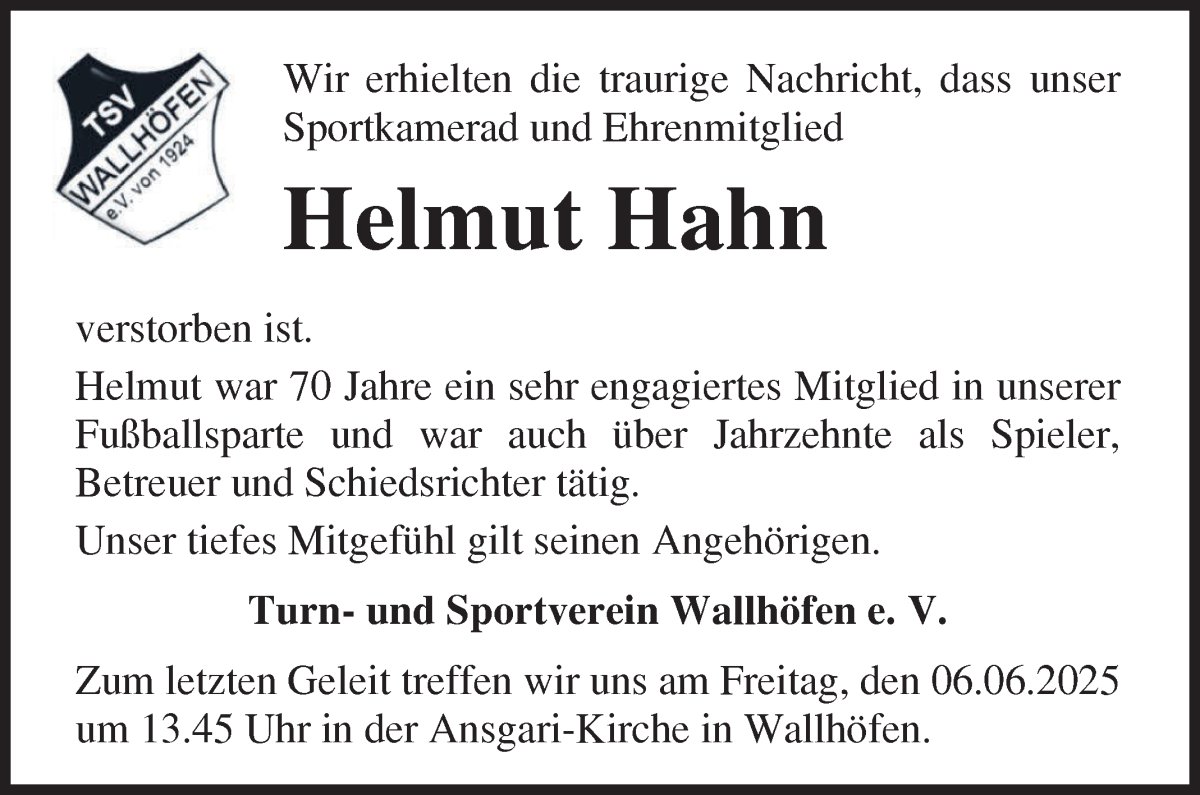 Traueranzeige von Helmut Hahn von Osterholzer Kreisblatt