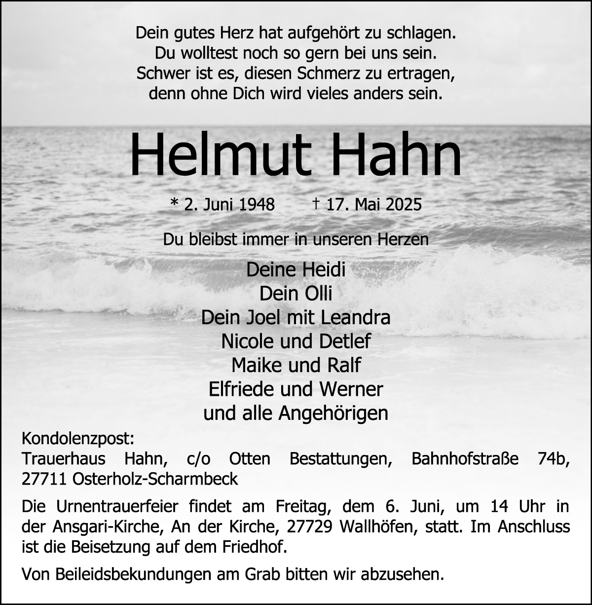 Traueranzeige von Helmut Hahn von Osterholzer Kreisblatt