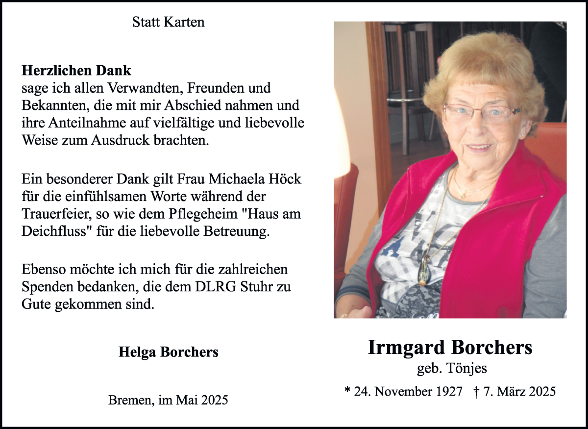 Traueranzeige von Irmgard Borchers von WESER-KURIER