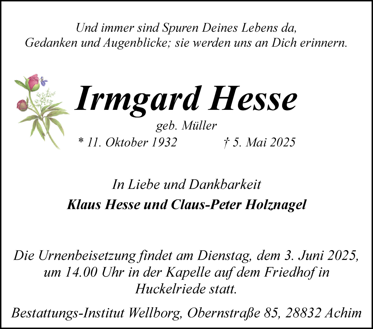 Traueranzeige von Irmgard Hesse von WESER-KURIER