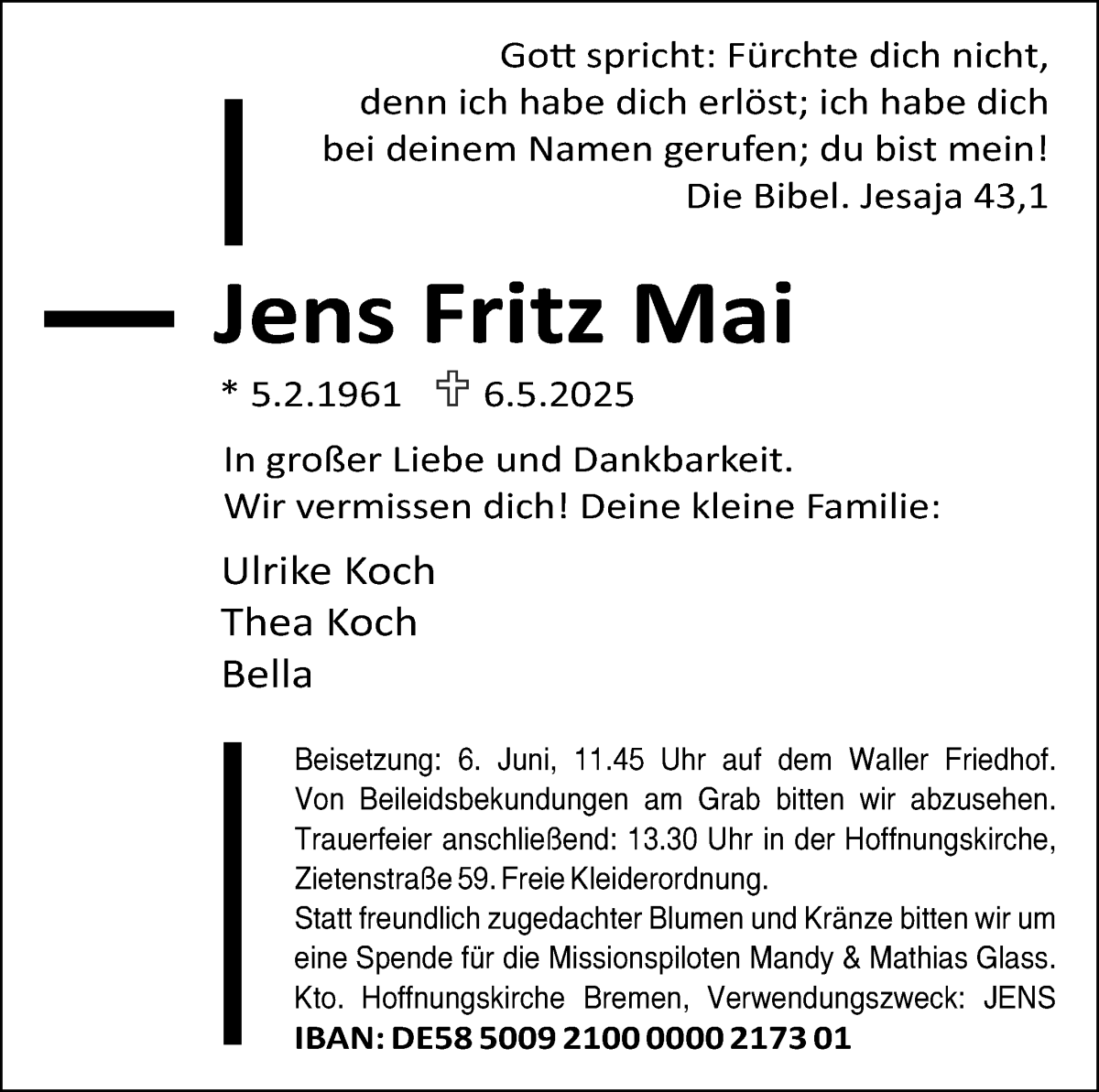  Traueranzeige für Jens Fritz Mai vom 17.05.2025 aus WESER-KURIER