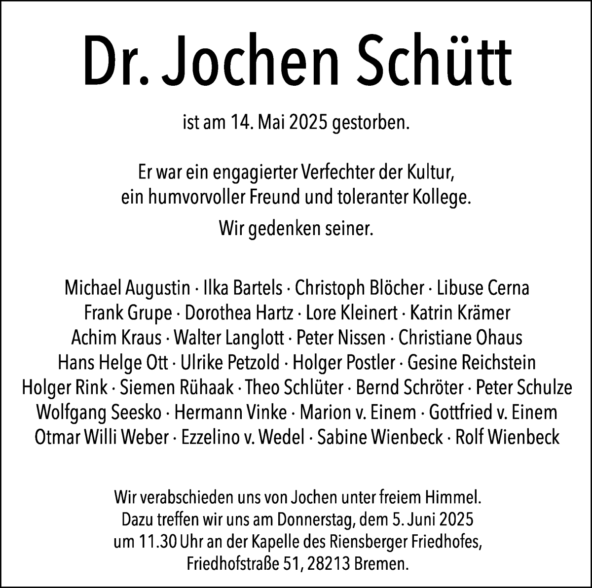 Traueranzeige von Jochen Schütt von WESER-KURIER