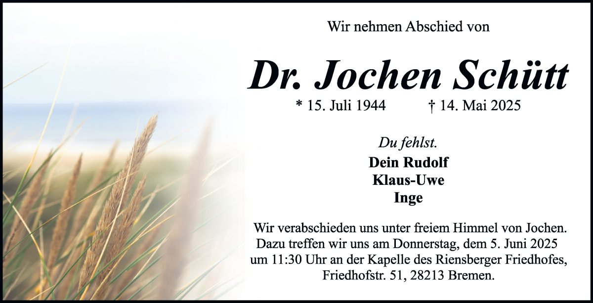 Traueranzeige von Jochen Schütt von WESER-KURIER