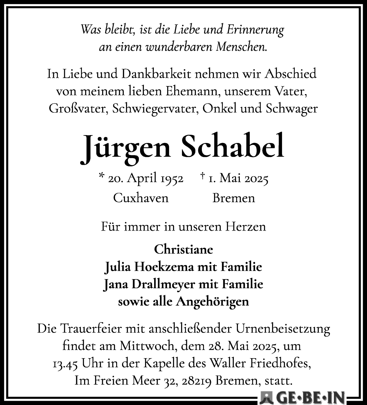 Traueranzeige von Jürgen Schabel von WESER-KURIER