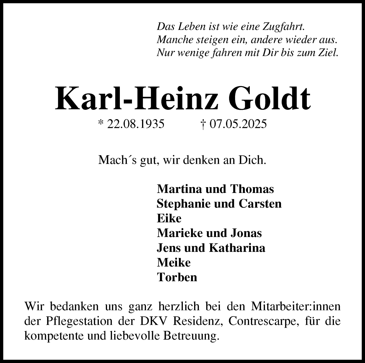 Traueranzeige von Karl-Heinz Goldt von WESER-KURIER