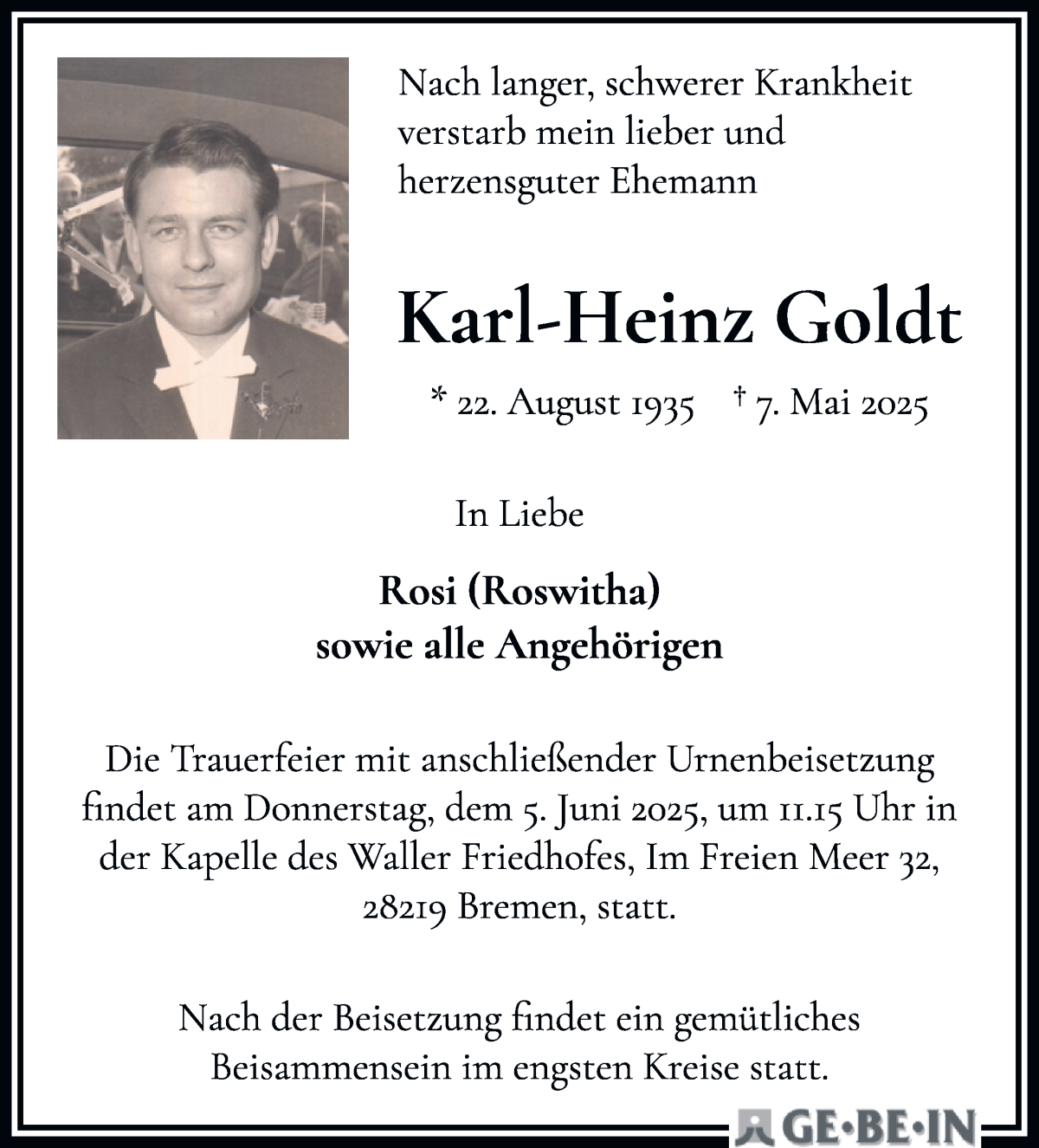 Traueranzeige von Karl-Heinz Goldt von WESER-KURIER