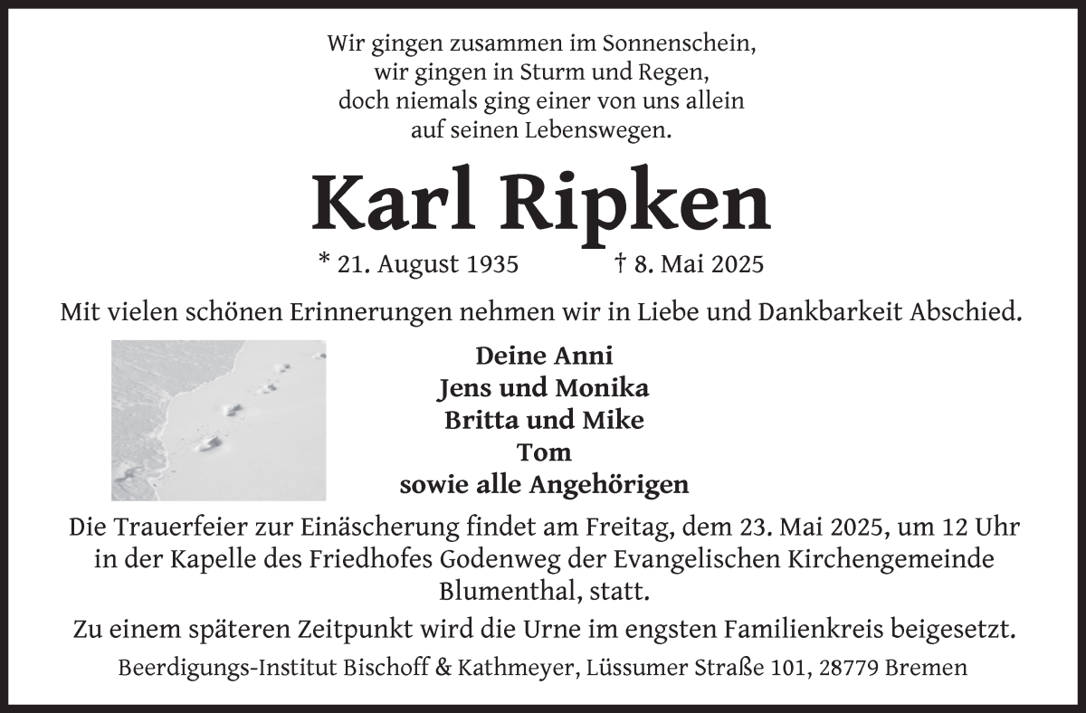  Traueranzeige für Karl Ripken vom 17.05.2025 aus Die Norddeutsche