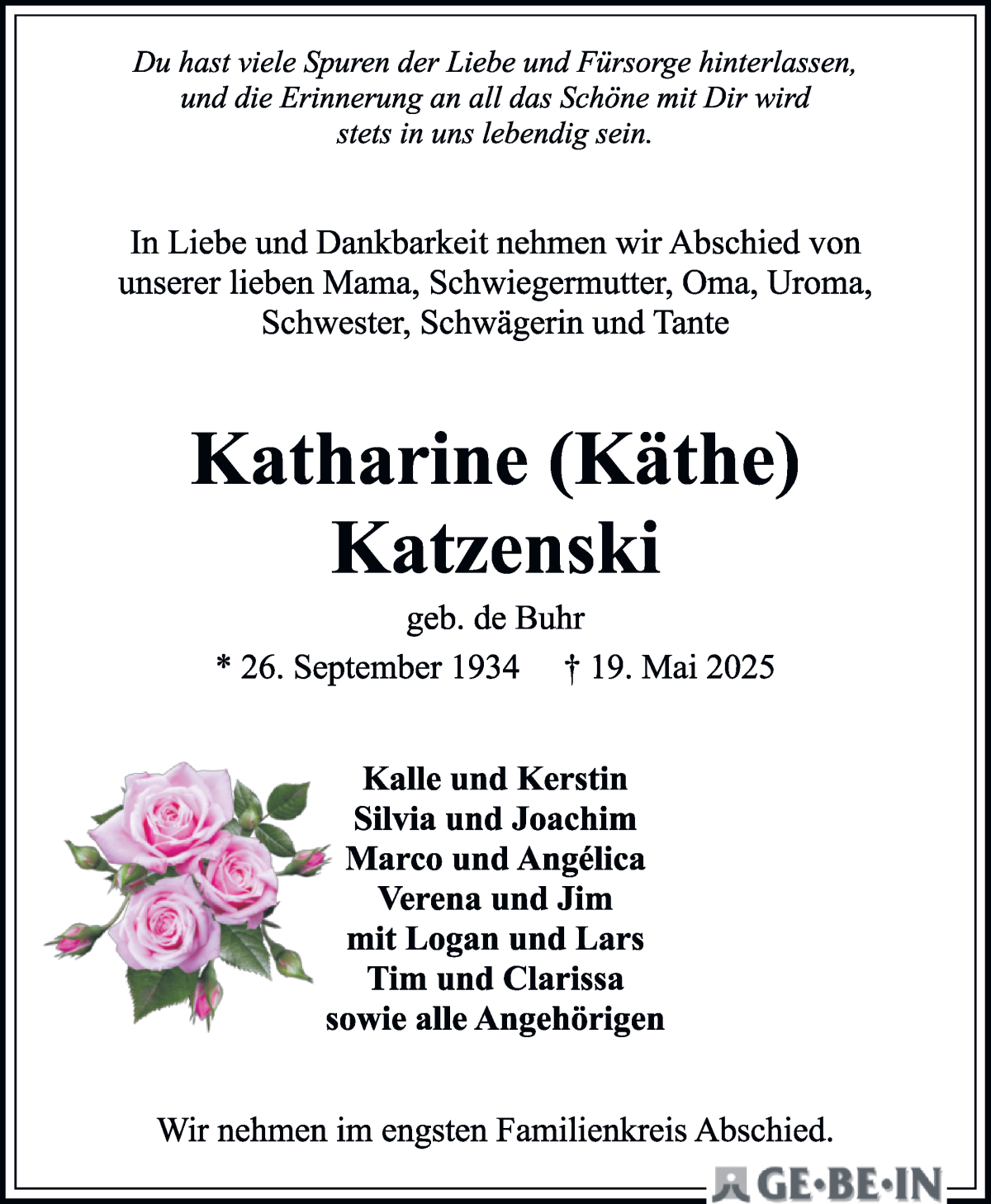 Traueranzeige von Katharine Katzenski von WESER-KURIER